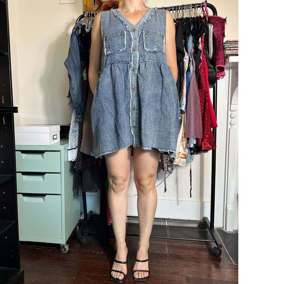 Pol 100% Cotton Denim Button Up Sleeveless Mini Dress Size Large - Picture 3 of 7